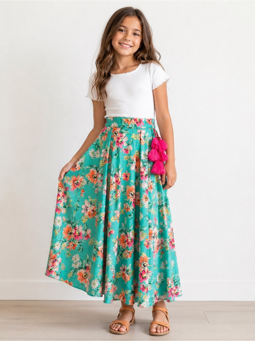 Girls Teal Floral flare Maxi Skirt - Lightweight Flowing Design 8/9